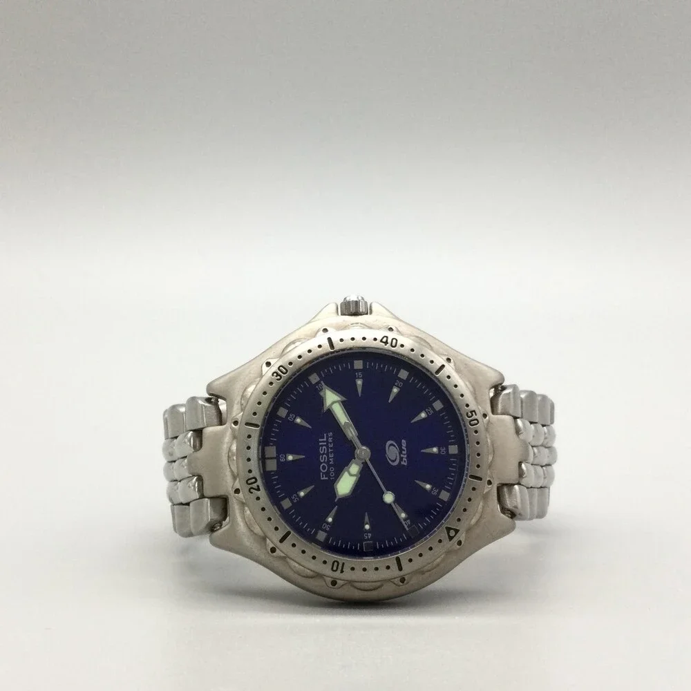 Fossil Blue AM-3067 Mens Watch 40mm Blue Dial Silver Tone New Battery 6.25